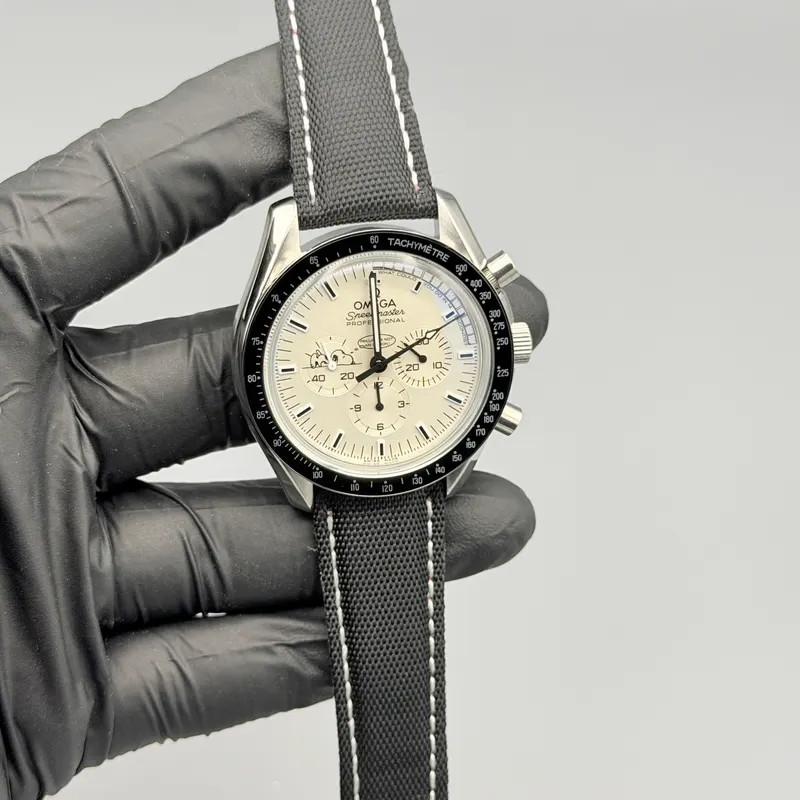 Speed Master Professional Style Watch White Chronograph Dial Black Canvas Strap Speed Master Professional Style Watch White Chronograph Dial Black Canvas Strap