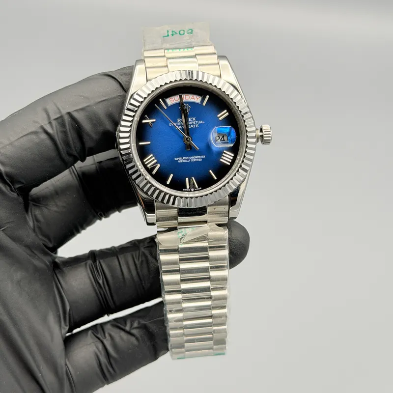 Day Date Watch Blue Smokie Roman Dial Silver President