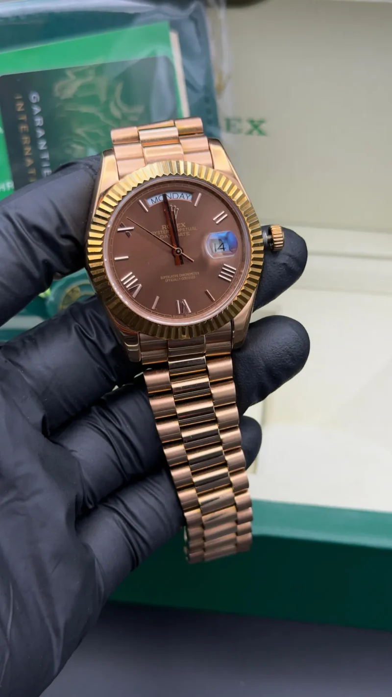 Day Date Watch Choco Roman Dial Rose Gold President