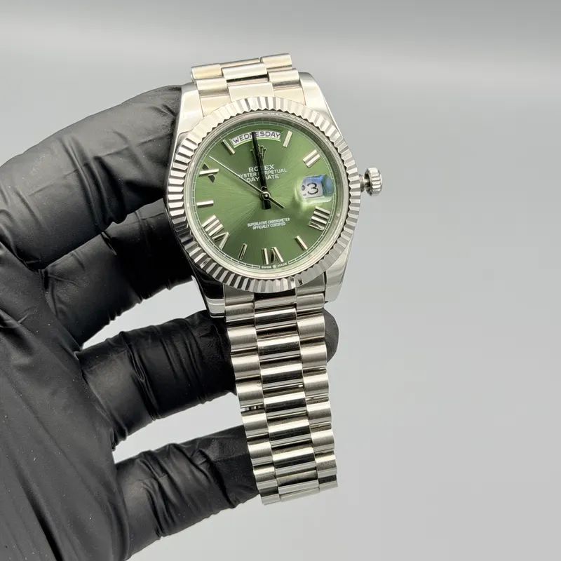 Day Date Watch Olive Green Roman Dial Silver President