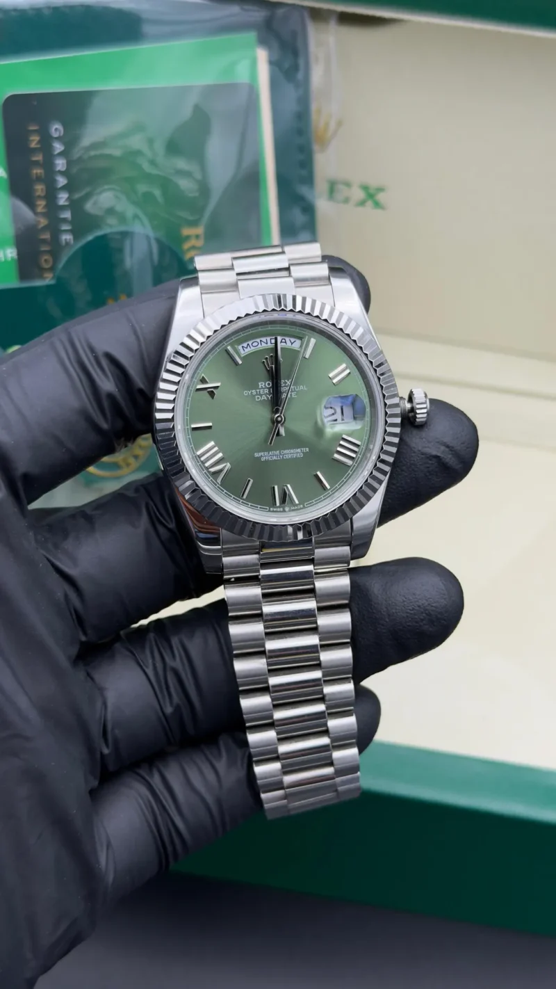 Day Date Watch Olive Green Roman Dial Silver President