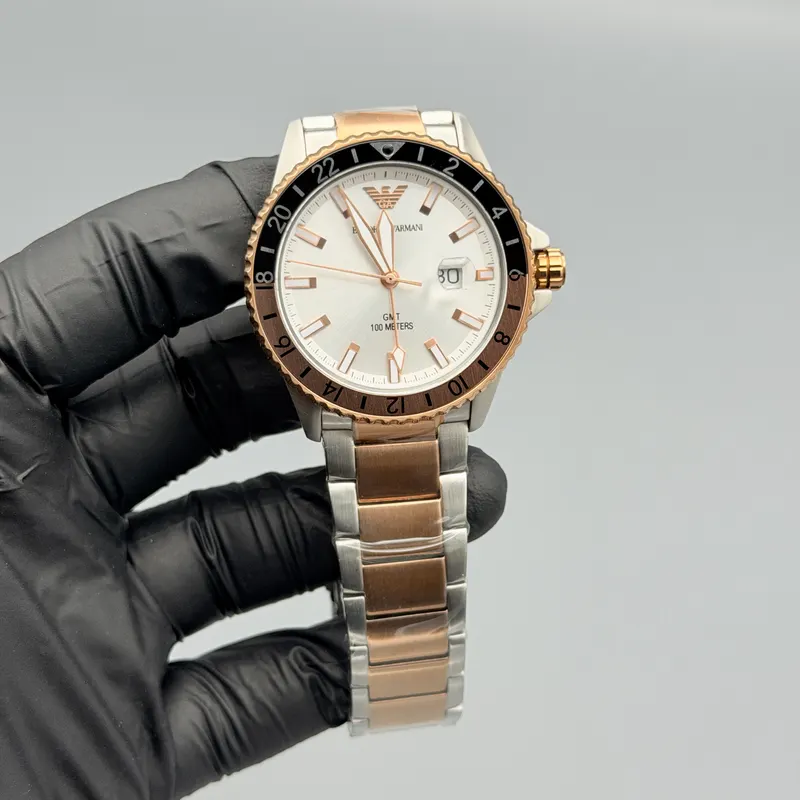Emporio Style GMT Watch White Sunray Dial Two-Tone Silver Rose Gold Bracelet