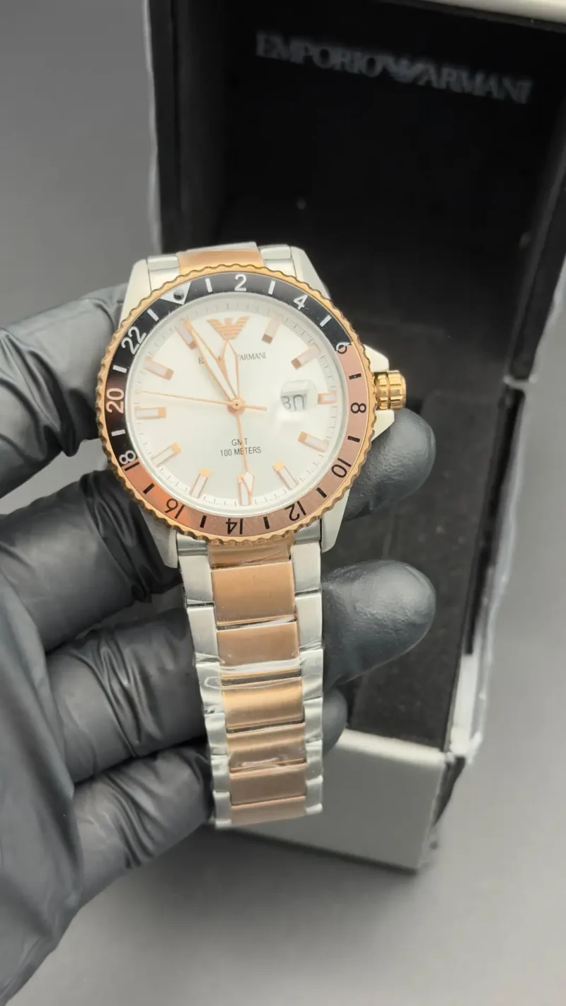 Emporio Style GMT Watch White Sunray Dial Two-Tone Silver Rose Gold Bracelet