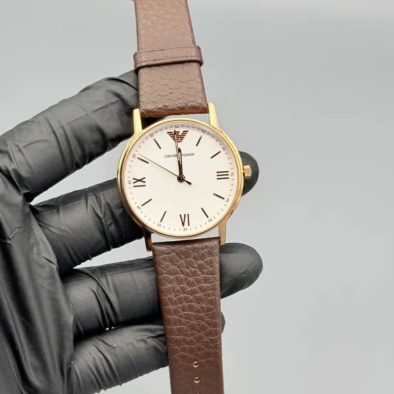 Emporio Style Watch White Roman Dial Brown Leather Strap