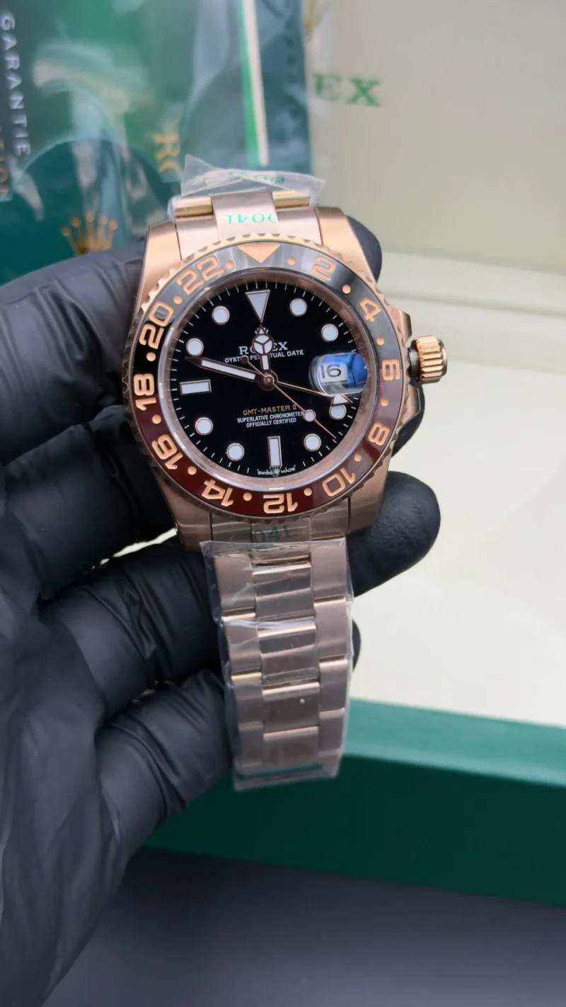 GMT Master II Watch Root Beer Black Dial Rose Gold Oyster