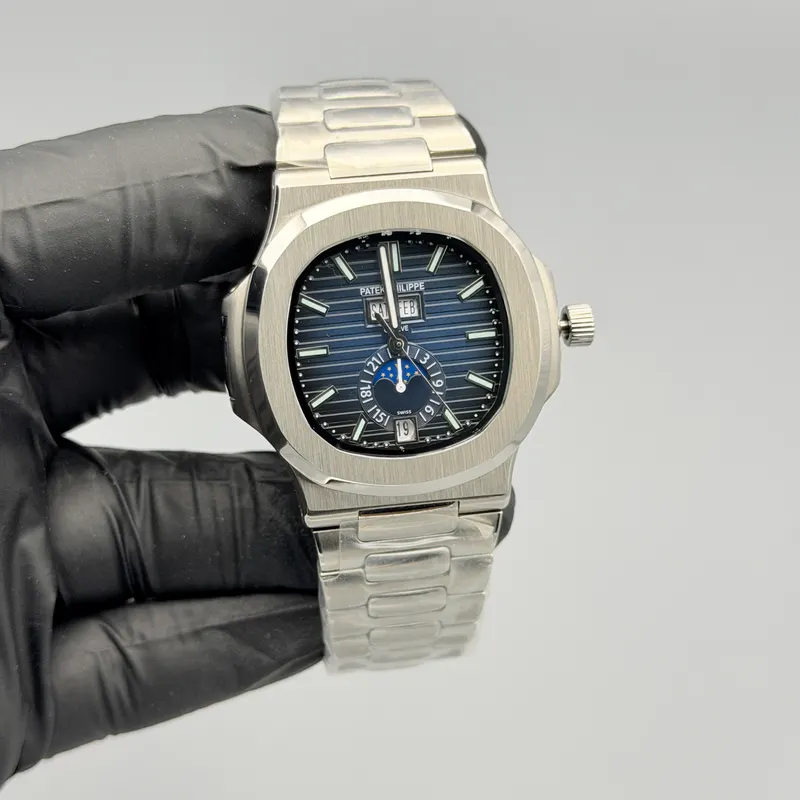 Nautilus Style Watch Blue Moonphase Integrated Bracelet