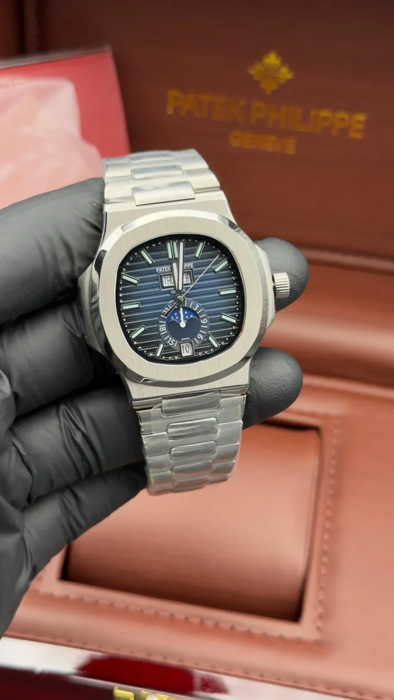 Nautilus Style Watch Blue Moonphase Integrated Bracelet