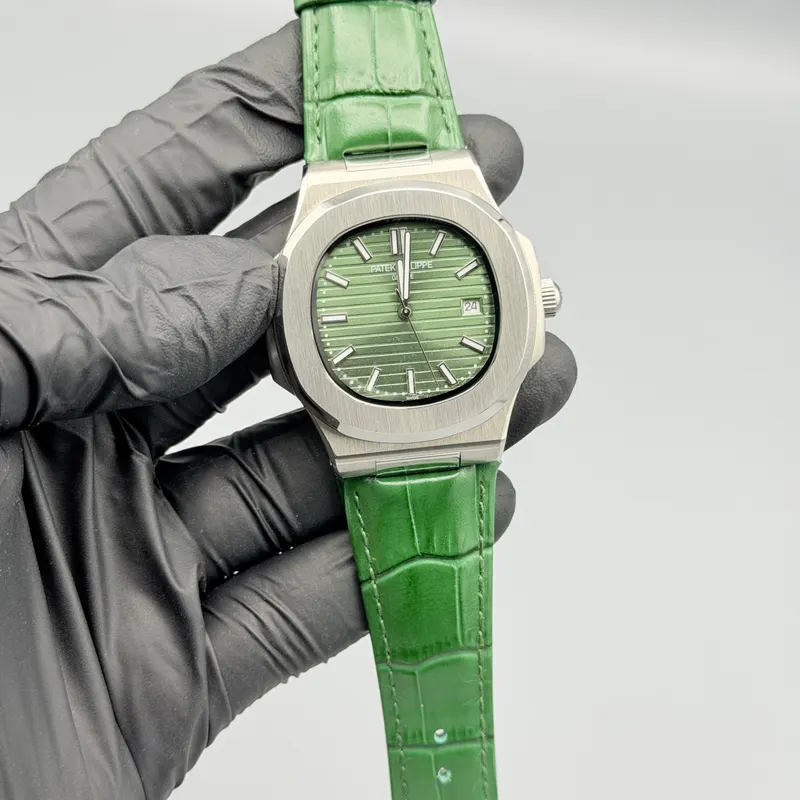 Nautilus Style Watch Green Dial Green Leather Strap