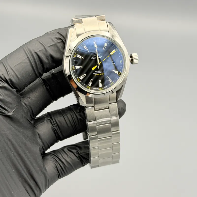 Sea Master Style Watch Aqua Terra Vertical Black Dial Silver Bracelet