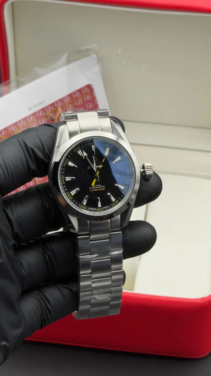 Sea Master Style Watch Aqua Terra Vertical Black Dial Silver Bracelet