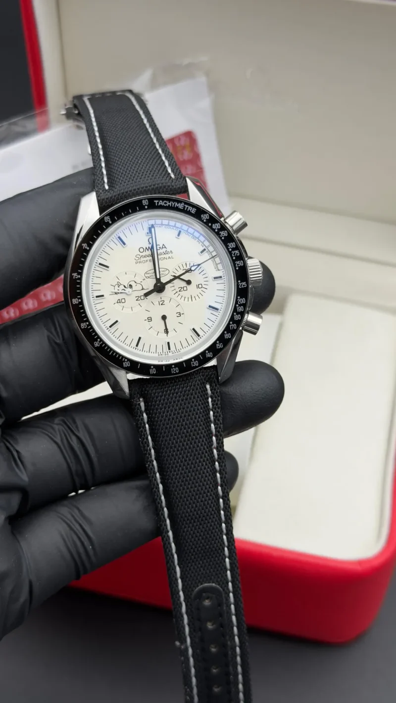 Speed Master Professional Style Watch White Chronograph Dial Black Canvas Strap