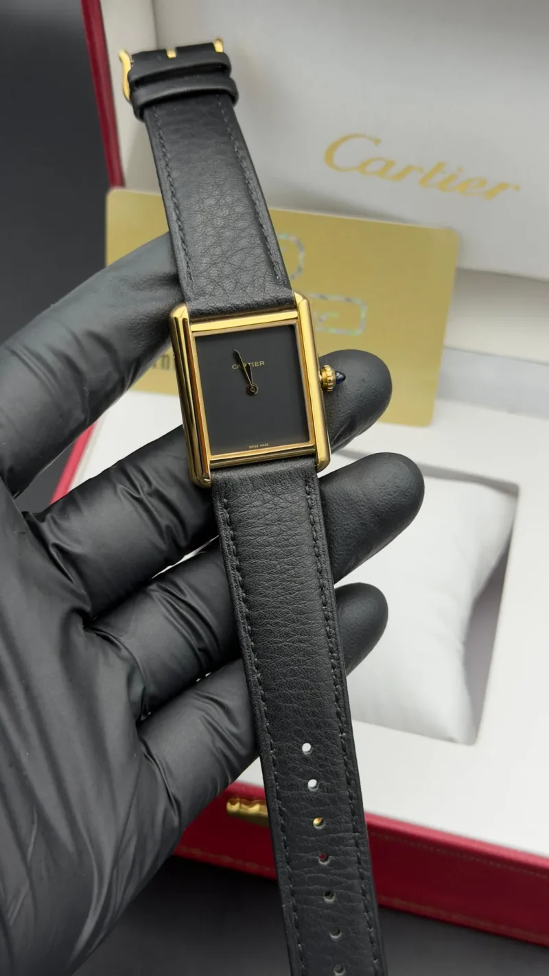 Tank Style Watch Golden Case Black Dial Black Leather Strap