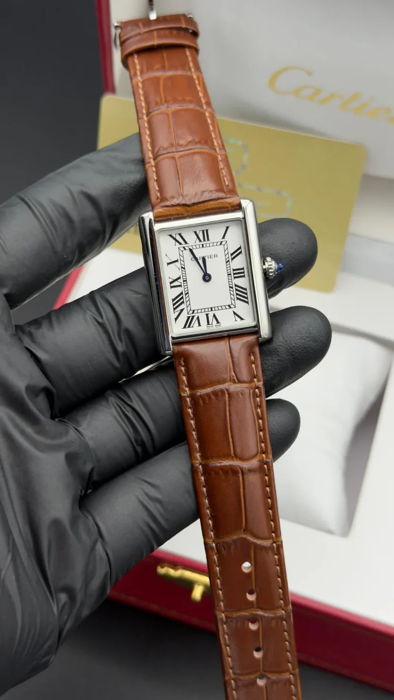Tank Style Watch Silver Case White Roman Dial Brown Leather Strap