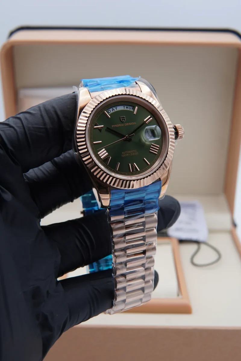 Pagani Design PD‑1752 Olive Green Dial Automatic Watch – Rose Gold Strap (40mm)