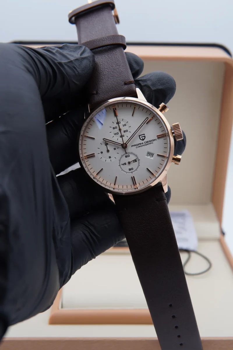 Pagani Design PD‑2720K White Chronograph Watch – Rose Gold Case, Brown Leather Strap (42mm)