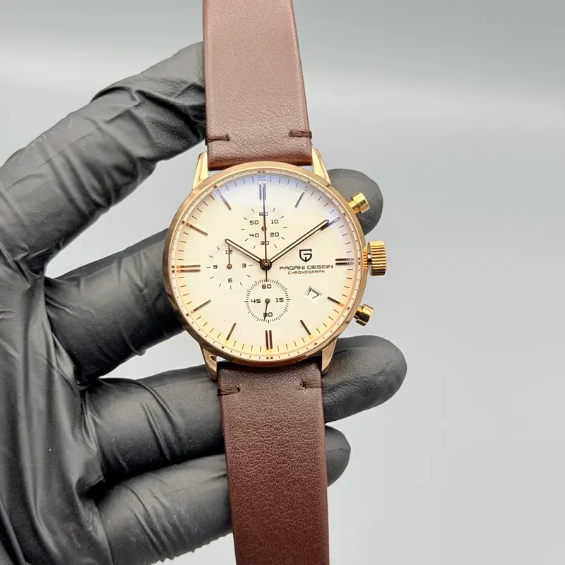 Pagani Design PD‑2720K White Chronograph Watch – Rose Gold Case, Brown Leather Strap (42mm)