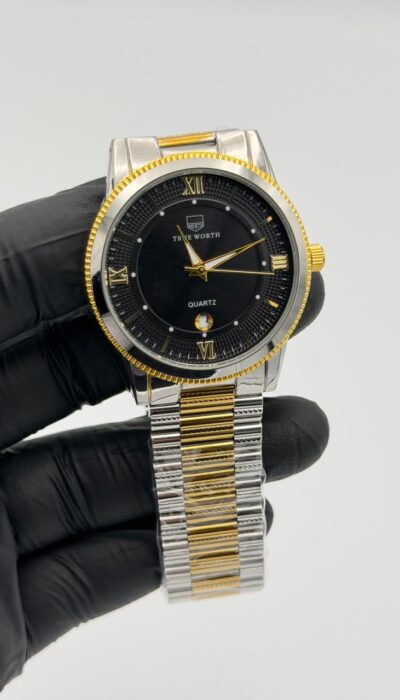 Black Dial Two-Tone Watch – Gold & Silver Roman Numerals