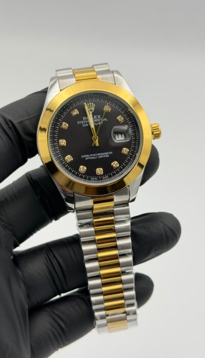 Black Dial Two-Tone Gold & Silver Watch – Crystal Markers