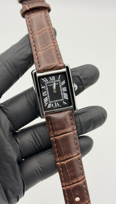Black Rectangular Dress Watch – Brown Leather Strap