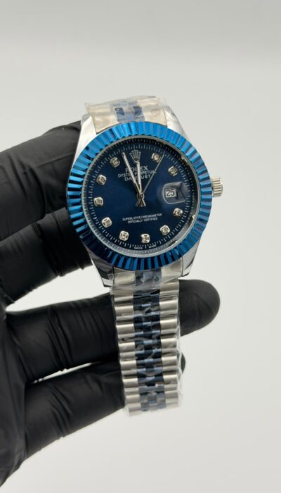 Deep Blue Dial Silver Watch – Blue Fluted Bezel & Crystal Markers