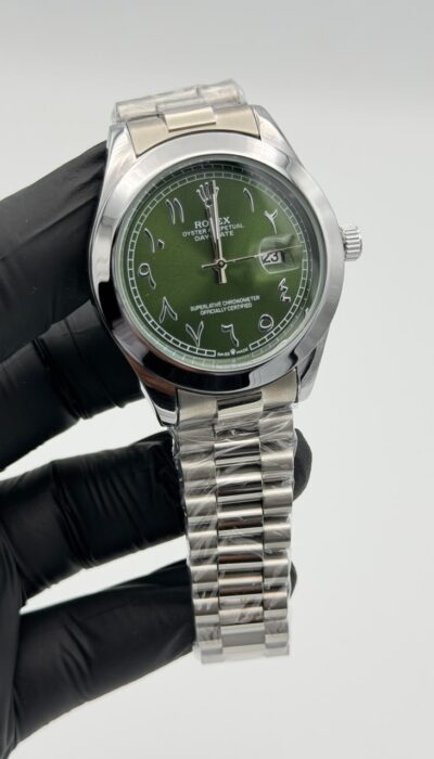 Green Dial Silver Watch – Arabic Numerals & Jubilee Bracelet