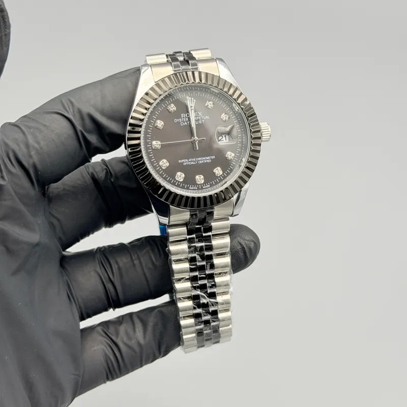 Black Dial Silver Watch – Fluted Bezel & Crystal Markers - Image 3