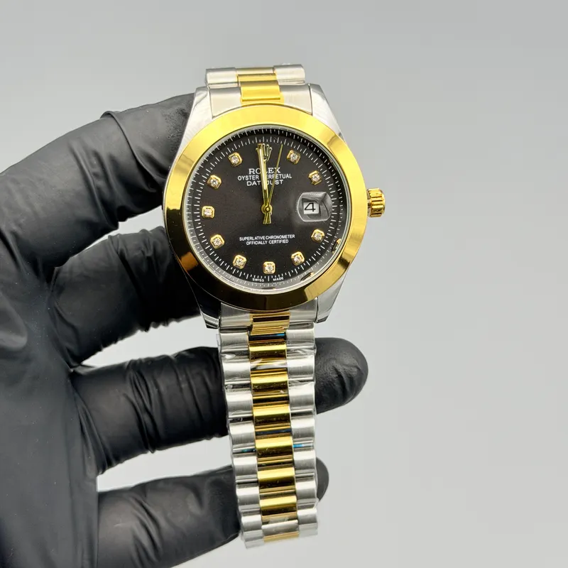 Black Dial Two-Tone Gold & Silver Watch – Crystal Markers