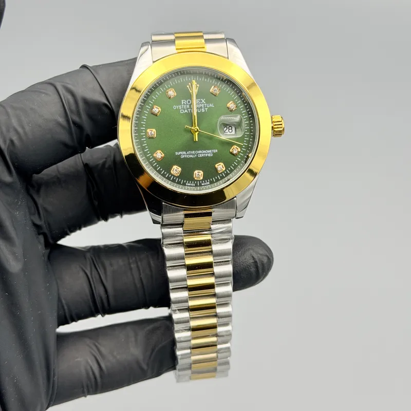 Green Dial Two-Tone Gold & Silver Watch – Crystal Markers