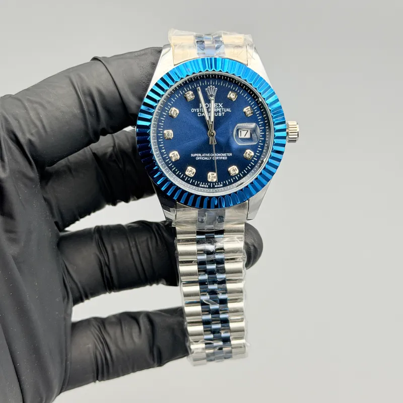 Deep Blue Dial Silver Watch – Blue Fluted Bezel & Crystal Markers