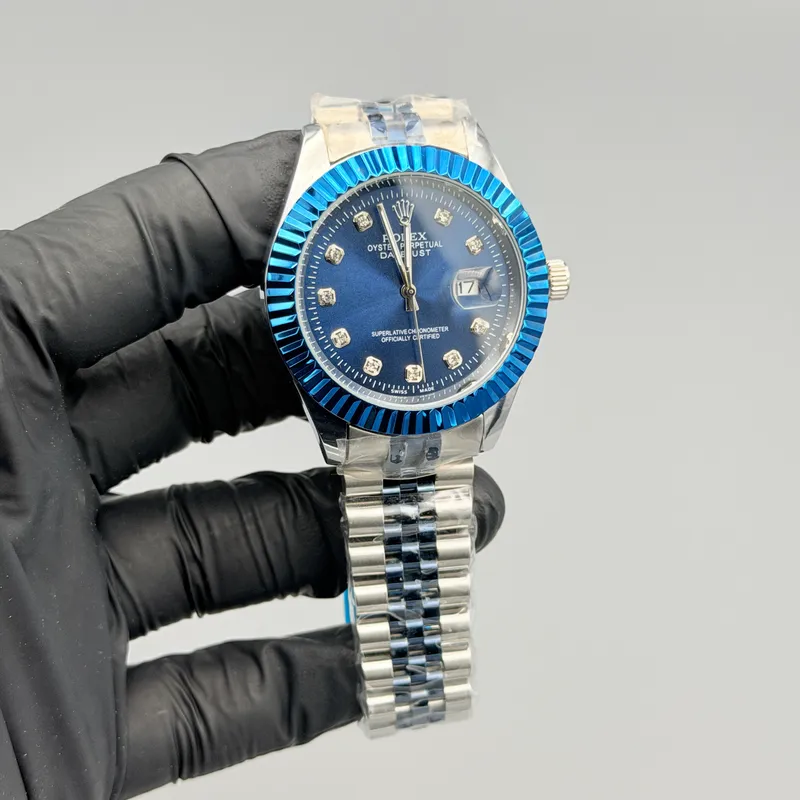 Deep Blue Dial Silver Watch – Blue Fluted Bezel & Crystal Markers - Image 3