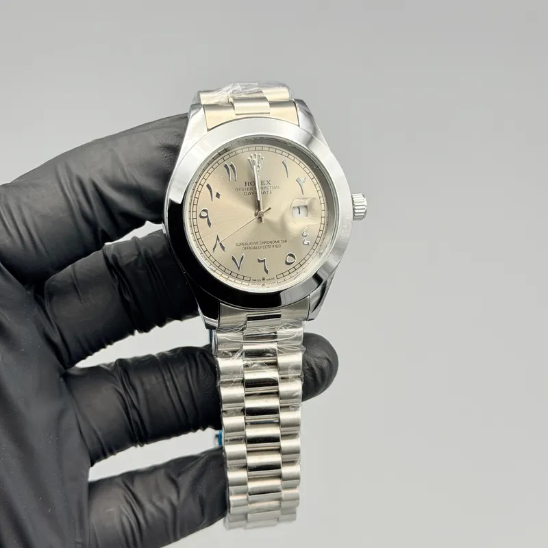 Champagne Dial Silver Watch – Arabic Numerals & Jubilee Bracelet - Image 3
