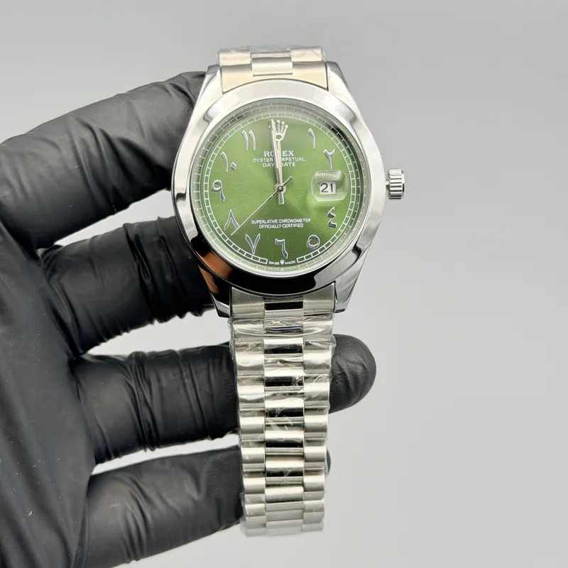 Green Dial Silver Watch – Arabic Numerals & Jubilee Bracelet