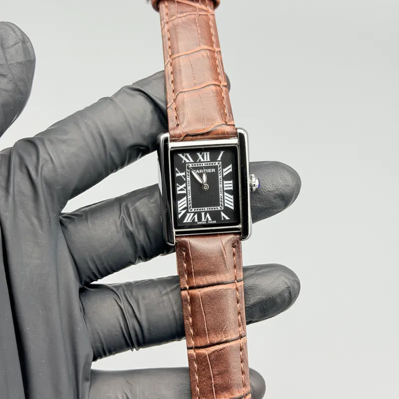 Black Rectangular Dress Watch – Brown Leather Strap