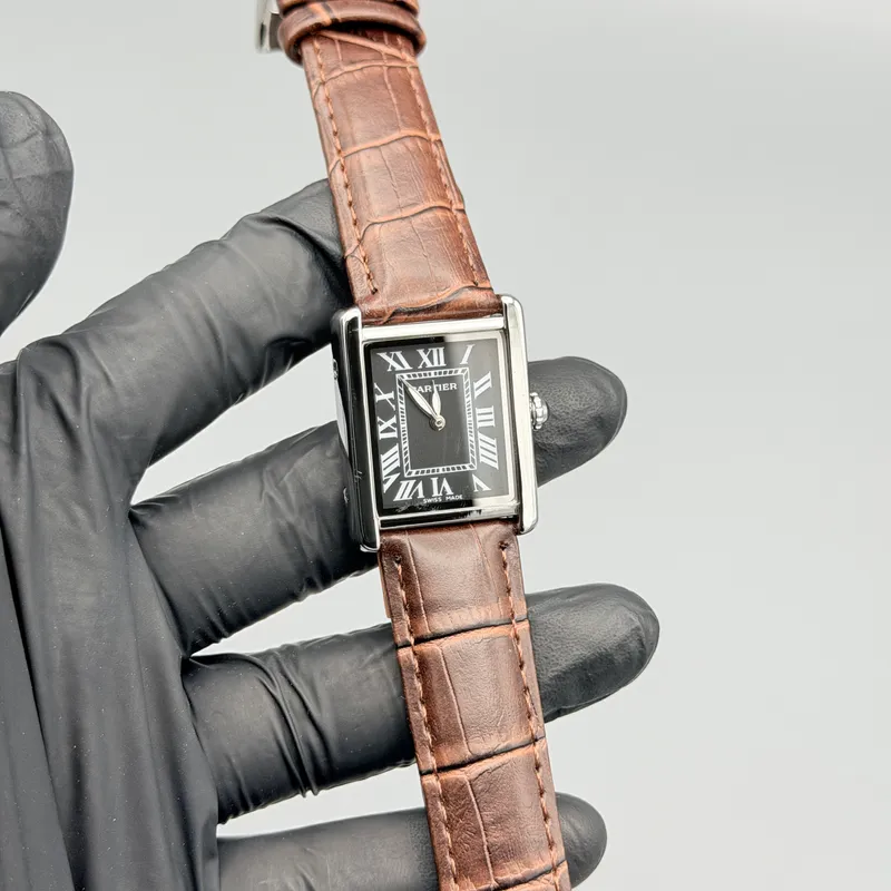 Black Rectangular Dress Watch – Brown Leather Strap - Image 3