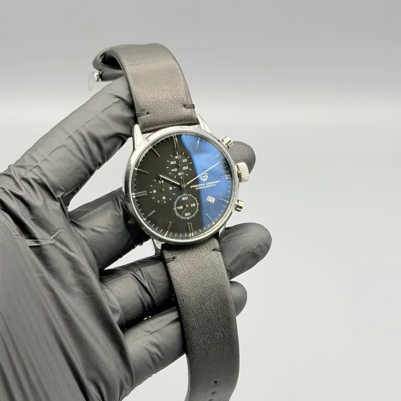 Pagani Design PD‑2720K Black Chronograph Watch – Silver Case, Black Leather Strap (42mm)